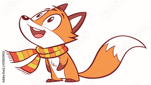 Joyful cartoon fox wearing a striped scarf with a fluffy tail and big eyes