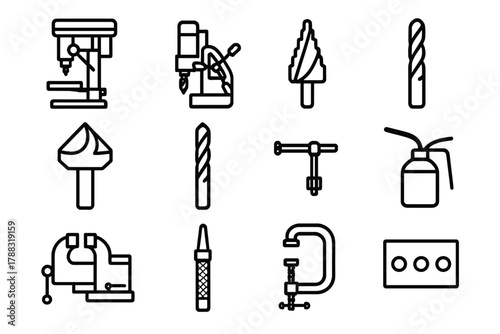 Metalworking Tools Icons. Metalworking Drills linear icon set: bench drill, magnetic drill, step bit, twist drill, countersink bit, reamer, chuck key, lubricant can, vise, center