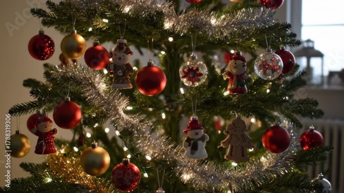 Slow Pan Up of Beautiful Christmas Tree Ornaments and Warm Holiday Lights