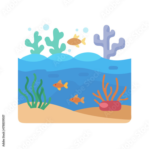 Flat illustration of fish and coral in an aquarium