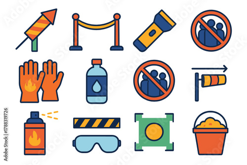 Fireworks Safety Icons. Outdoor Firecracker Safety flat icons: fireworks launcher, rope barrier, flashlight, fireproof gloves, water bottle, no crowd icon, extinguishing spray,