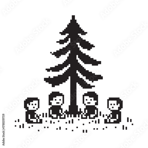 Pixel art children gathered around a pine tree