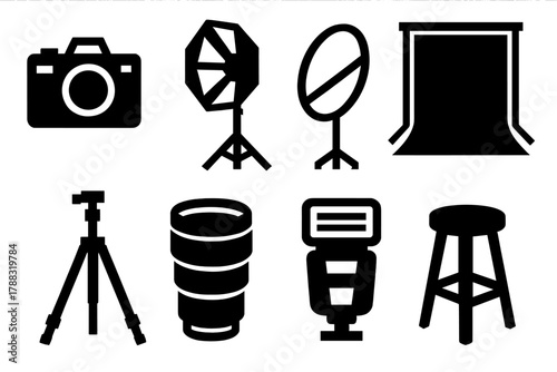 Brutalist Photography Icons. Studio Photography Set silhouette icon set: DSLR camera, softbox, reflector, backdrop, tripod, lens, flash, stool.