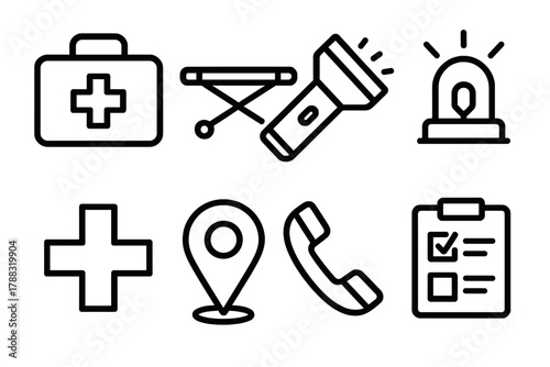 Emergency Icons Collection. Emergency Preparedness linear icon set: first aid kit, stretcher, flashlight, alarm, phone, cross symbol, location pin, checklist.