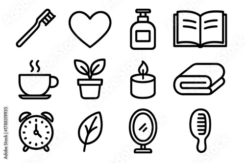 Self-Care Icon Set. Daily Self-Care linear icon set: toothbrush, heart, lotion bottle, book, cup of coffee, plant, candle, towel, clock, leaf, mirror, comb.