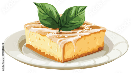 Coffee Cake Square with Green Leaf Vector Illustration
