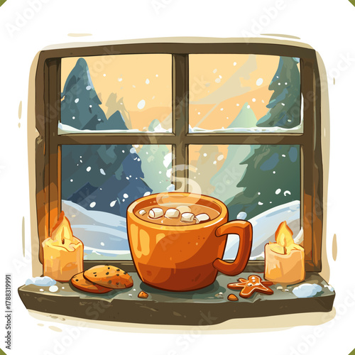 Vector illustration of a cozy winter scene with a mug of hot chocolate, cookies, candles, snow and fir trees, isolated on a white background. Vector illustration of winter beverage