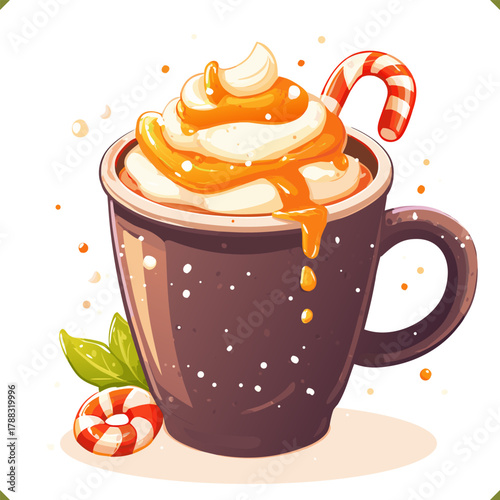 Vector illustration of a cup of caramel coffee with whipped cream, candy cane, and mint leaves, isolated on a white background. Vector illustration of winter beverage on white background
