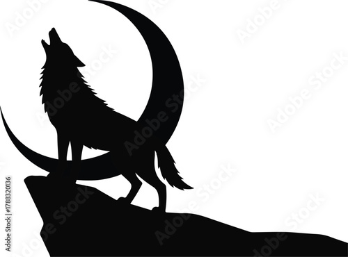 Silhouette of a wolf howling at a crescent moon on a rocky cliff