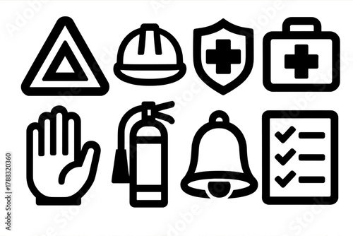 Safety Icons Set. Safety Awareness silhouette icon set: warning triangle, helmet, shield, first aid kit, hand stop sign, fire extinguisher, bell, checklist.