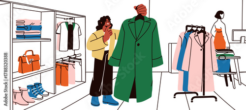 Black woman shopping in clothing store, fashion boutique. Female customer choosing new coat. Happy girl buyer client holding garment in modern retail market, outlet. Flat vector illustration.