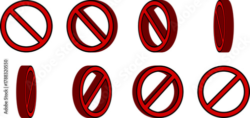 3D Style Sprite Sheet of Rotating Red No Sign General Prohibition Restricted or Forbidden Circle-Backslash Icon for Game or App Animation. Vector Image.