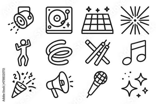 Club Night Icons. Club Night Icons linear icon set: strobe light, DJ turntable, disco floor, laser beams, dancer figure, neon swirl, glow sticks, music note, confetti, loudspeaker,