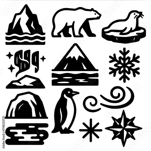 Bold Arctic Icons. Arctic Landscape silhouette icon set: iceberg, polar bear, seal, ice floe, northern lights, snowy mountain, frozen sea, snowflake, ice cave, penguin, cold breeze