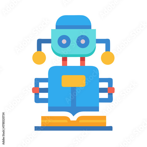 Illustration of cute robot reading book flat color design
