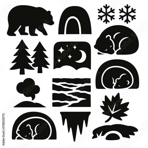 Hibernation Icons Set. Hibernation Season Set silhouette icon set: bear silhouette, cave, snowflakes, sleeping pose, pine trees, frozen ground, night sky, breath cloud, den