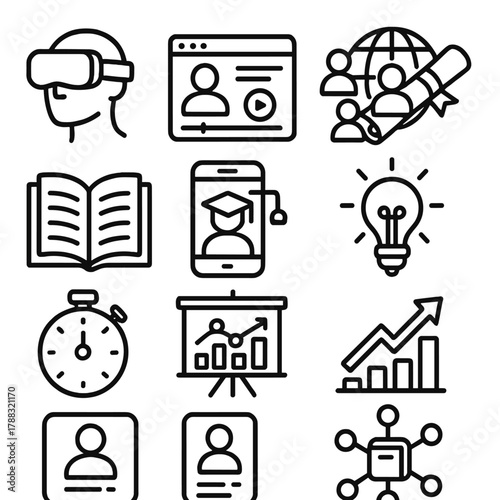 Future Education Icons. Future of Education linear icon set: VR headset, online course window, global student network, diploma scroll, open book, mobile app icon, learning
