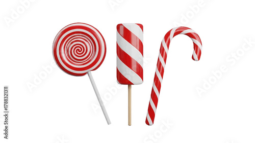 Vector illustration of three red and white striped candies including a lollipop, a cylindrical candy, and a candy cane