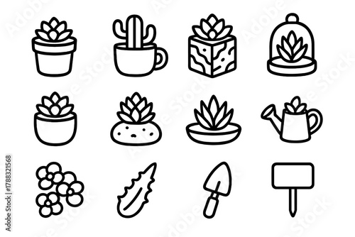 Mini Succulent Arrangement. Mini Succulent Pots linear icon set: tiny ceramic pot, cactus cup, marble planter, mini glass dome, pastel pot, pebble base, miniature tray, tiny