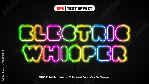 Electric whisper neon glowing text effect with vibrant multicolor outline on dark background