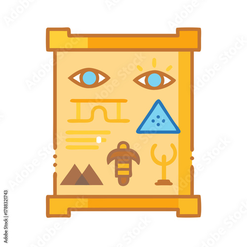 Flat illustration of ancient Egyptian scroll with hieroglyphs