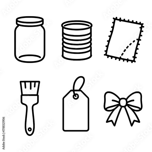 Upcycled Craft Icons. Upcycling Ideas linear icon set: glass jar, tin can, fabric scrap, brush, label tag, ribbon.
