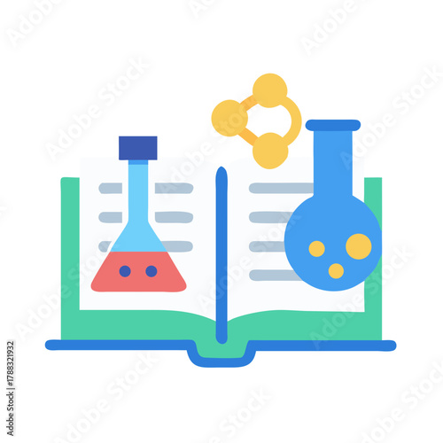 Science textbook illustration with laboratory flasks and molecule model