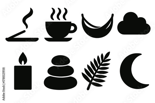 Calm Lifestyle Icons. Calm Lifestyle silhouette icon set: incense, teacup, hammock, cloud, candle flame, smooth stones, fern leaf, moon.