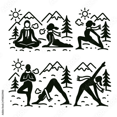 Snow Yoga Icons. Outdoor Snow Yoga linear icon set: mountains, breath cloud, pose silhouette, pine tree, sun, scarf.