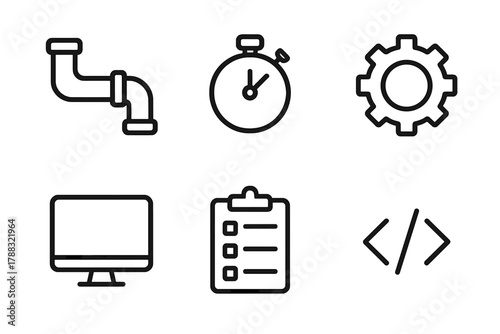 Process Optimization Icons. Process Optimization linear icon set: pipeline, stopwatch, settings gear, monitor, clipboard, code symbol.