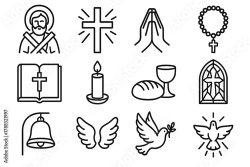 St. Andrew's Icons. St. Andrew’s Feast – Faith & Tradition linear icon set: saint icon, cross with rays, prayer hands, rosary, holy book, altar candle, bread and wine, stained