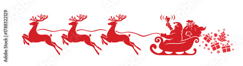 Santa Claus silhouette riding his sleigh pulled by reindeers and rings the bell, New Year's gifts fall out of his bag. Christmas vector template on transparent background