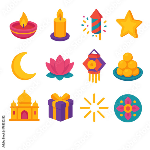 Diwali Icon Set. Diwali Night Icons modern flat icons set: diya lamp, candle, fireworks, star, moon, lotus, lantern, sweets, temple, gift, light ray, rangoli.