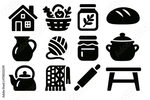 Rustic Homestead Icons. Homestead Vibes silhouette icon set: cottage house, vegetable basket, herbal jar, loaf of bread, milk jug, wool yarn, jam jar, ceramic pot, stove kettle,