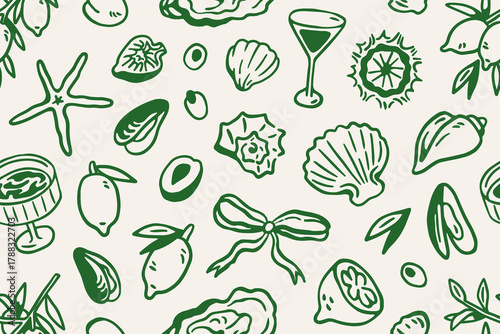 Seamless Dolce Vita pattern with hand-drawn Italian doodles, outline sketches. Mediterranean scribbles, endless background design for wrapping, textile. Repeating print, texture. Vector illustration.