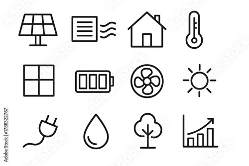 Passive House Icons. Passive House Icons linear icon set: solar panel, air vent, house, thermometer, window, battery, fan, sun, plug, water drop, tree, chart.