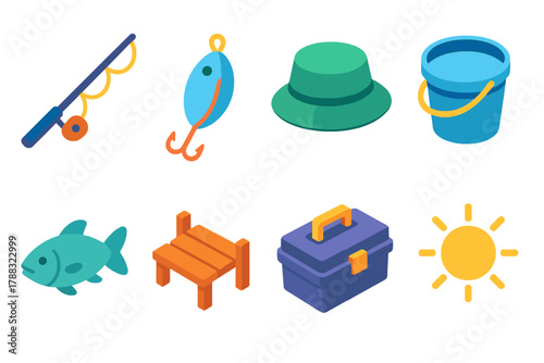 Modern Fishing Icons. Recreational Fishing modern flat icons set: fishing rod, bait, hat, bucket, fish, dock, tackle box, sun.