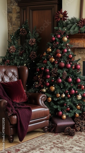 Cozy Living Room Decorated for Christmas With a Tree and Comfortable Chair