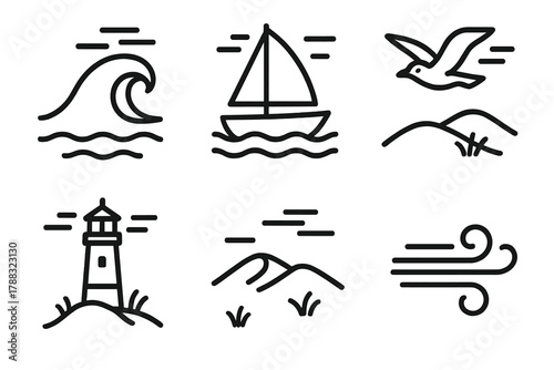 Coastal Icons. Coastal Breeze linear icon set: ocean wave, sailboat, seagull, lighthouse, sand dune, breeze lines.