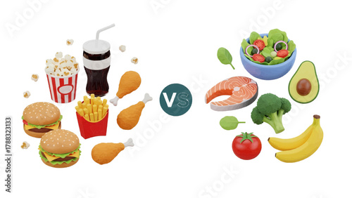 Vector illustration of unhealthy fast food versus healthy food comparison