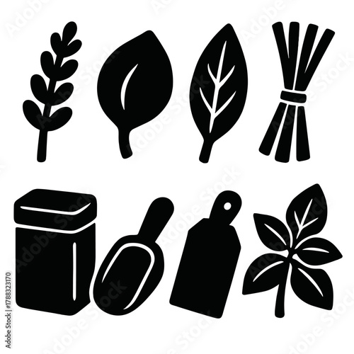 Botanical Icon Collection. Botanical Ingredients silhouette icon set: lavender, rose petal, sage leaf, lemongrass, basil sprig, tin container, scoop, label tag.