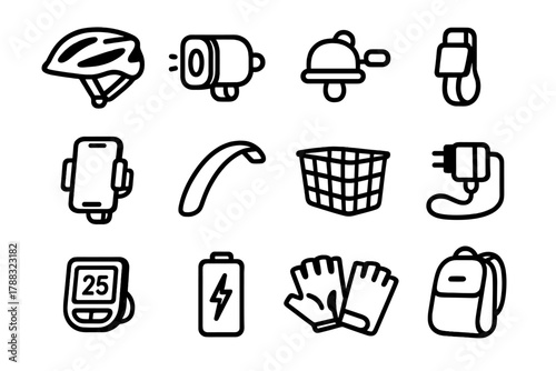 Urban E-Bike Icons. Urban E-Bike Accessories Icons linear icon set: helmet, light, bell, lock, phone mount, fender, basket, charger, display screen, battery, gloves, backpack.