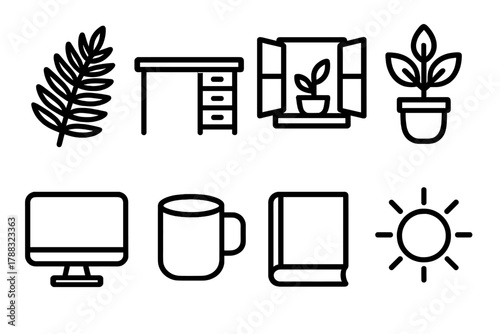 Nature-Inspired Office Icons. Healthy Green Office linear icon set: fern leaf, desk, open window, plant pot, computer, cup, book, sunshine.