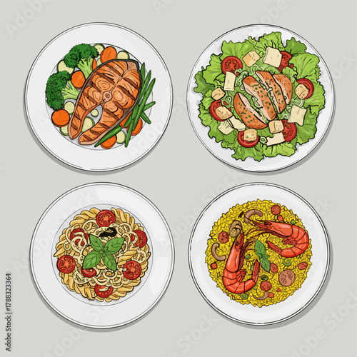 Set of 4 Hand-Drawn Main Course Vector Icons: Salmon, Salad, Pasta, Paella
