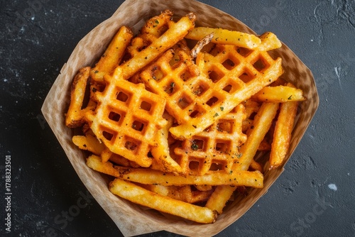 Crispy waffle fries served in a brown paper basket with seasoning ready to be enjoyed at a casual dining location