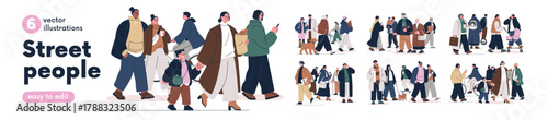 Diverse people walking on city street set. Men and women pedestrians going with phone, dog, bicycle. Groups of citizens in everyday urban life. Flat vector illustration isolated on white background.