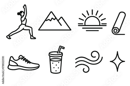 Sunrise Yoga Icons. Energizing Sunrise Yoga linear icon set: power pose, mountain peak, radiant sun, yoga mat, running shoes, smoothie, breath waves, spark icon.