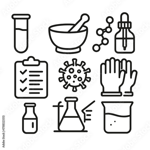 Pharma Innovation Icons. Pharmaceutical Innovation linear icon set: test tube, mortar and pestle, molecular structure, dropper bottle, clipboard with checklist, virus particle,