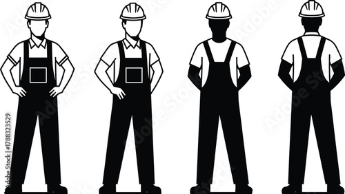 Construction Worker Character Vector Set – Front and Rear Views in Hard Hat and Overalls for Uniform, Job, and Industry Design