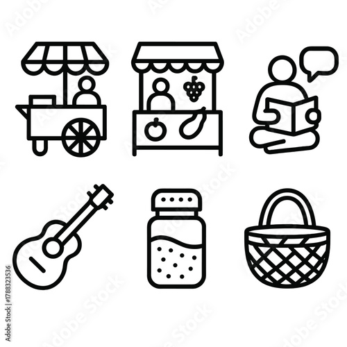 Local Icons Collection. Local Experiences linear icon set: street food cart, market stall, storyteller, instrument, spice jar, basket.